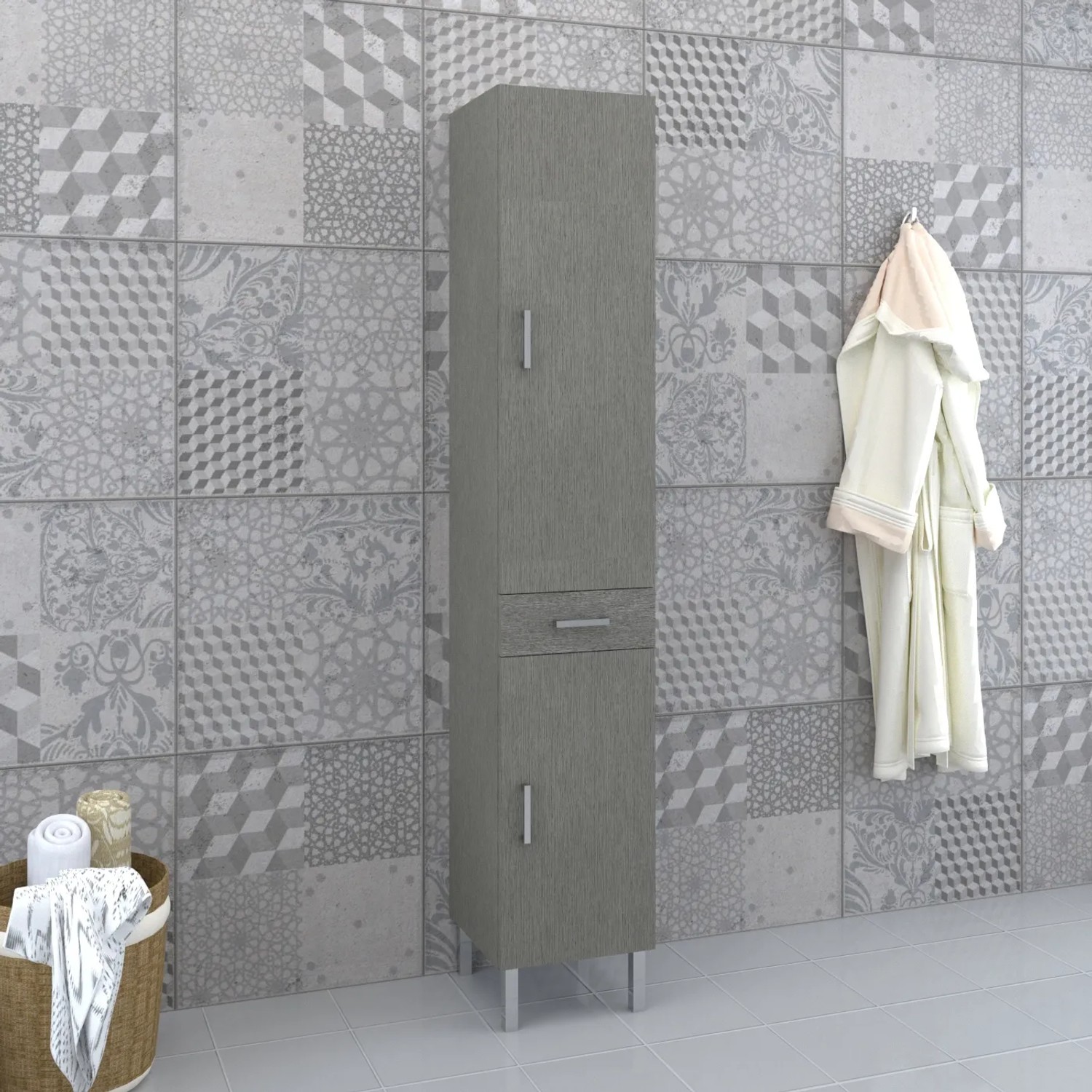 Mobile bagno grigio con cassetto e due ante. Arredo bagno per riporre oggetti.