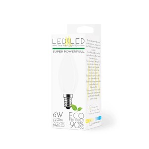 Lampadina LED E14, 6W, a forma di candela, bianco caldo nella confezione. A risparmio energetico ed ecologica.