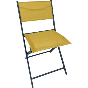 Sedia da giardino pieghevole gialla con struttura grigia. Ideale per balcone e terrazza.