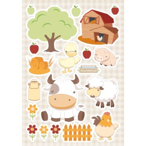 t.b.t. Adesivi da parete con motivi della fattoria: mucca, pecora, gallina, maiale, anatra, albero, fienile, mele, fiori.