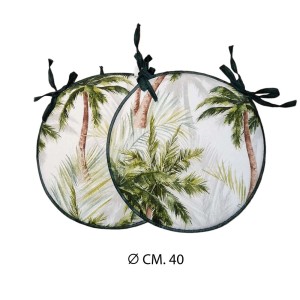 Due cuscini da esterno t.b.t. rotondi con motivo a palme e lacci verdi.