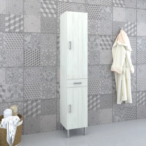 Mobile colonna bagno, legno chiaro con cassetto e anta, parte della serie di mobili bagno.