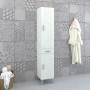 Mobile colonna bagno, legno chiaro con cassetto e anta, parte della serie di mobili bagno.