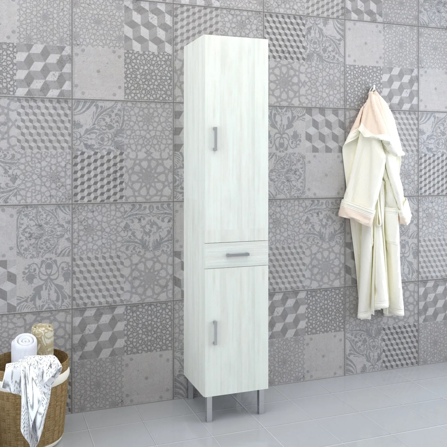 Mobile colonna bagno, legno chiaro con cassetto e anta, parte della serie di mobili bagno.