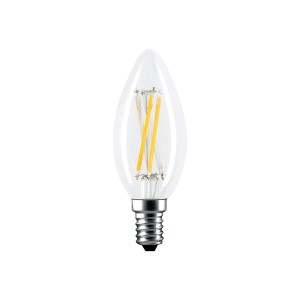 Lampadina LED E14 trasparente a forma di candela con filamenti visibili.