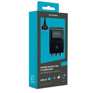 Alimentatore Metronic per amplificatore TV nella confezione. Accessorio video.