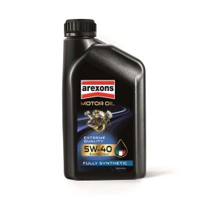 Flacone nero di olio motore Arexons 5W-40, adatto per motori benzina e diesel.