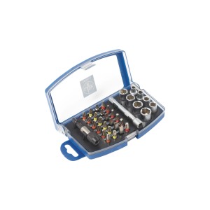 Set di punte e bussole LUX, 34 pezzi, con punte, bussole e portainserti in custodia blu.
