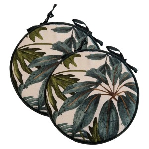 Due cuscini rotondi per sedie da giardino con motivo a foglie tropicali. Comodi cuscini da esterno per mobili da giardino.