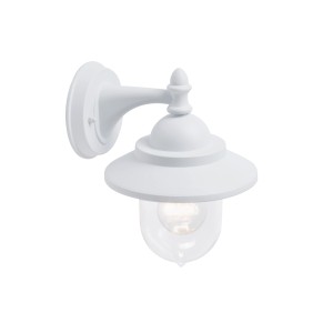 Applique da parete bianca t.b.t. con paralume trasparente.