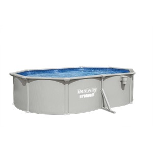 Piscina fuori terra ovale Bestway Hydrium con parete in acciaio grigio e rivestimento interno blu.