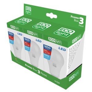 Confezione da 3 lampadine LED E27 Eco Light, 1850 lumen, 18W, 6500K, in confezione verde.