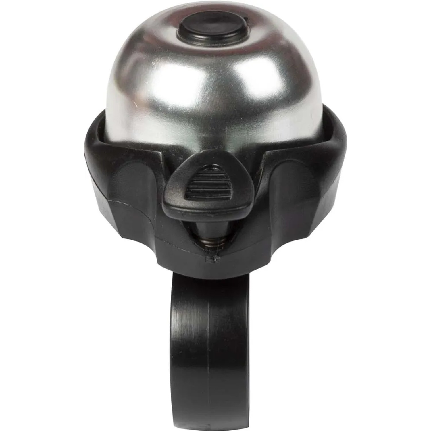 Campanello per bici argentato con supporto manubrio nero.