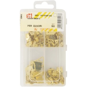 Set di ganci dorati per quadri per montaggio a parete in contenitore di plastica trasparente.