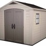 Casetta da giardino in plastica Keter, 6,32 m², in beige-grigio con doppia porta e finestra.
