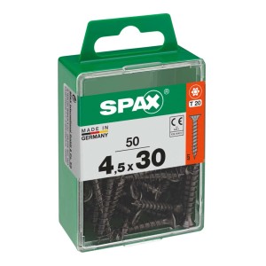 Viti SPAX 4,5x30 mm, 50 pezzi in contenitore di plastica verde. Elementi di fissaggio universali.