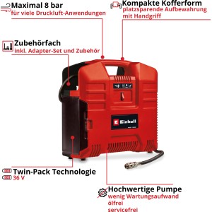 Einhell TE-AC 36/8 Li OF Solo compressore a batteria in design a valigetta, rosso. Compressore per batterie Power X-Change.