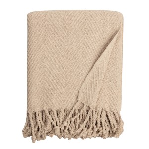 Coperta beige con motivo a spina di pesce e frange, ideale come copriletto o plaid.
