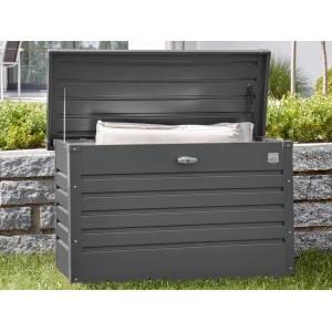 Biohort Leisure Box 130 aperta, grigio scuro. Box in metallo per utensili da giardino con molla a gas.