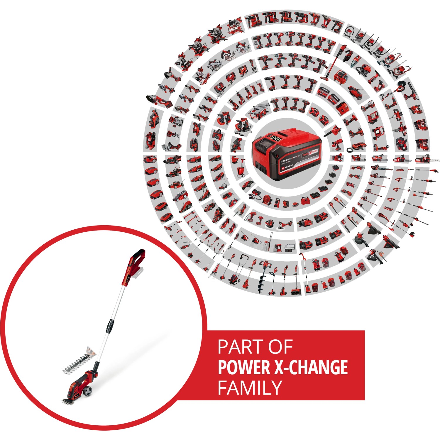 Einhell Power X-Change Tagliasiepi e tagliaerba a batteria GE-CG 18/100 Li T-Solo con manico telescopico, parte della famiglia Power X-Change.