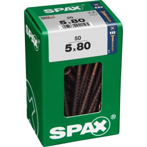 Confezione di viti per legno Spax 5x80 mm, scatola verde con viti.