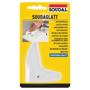 Spatola lisciante Soudal, spatola bianca per lisciare le fughe, su confezione gialla.