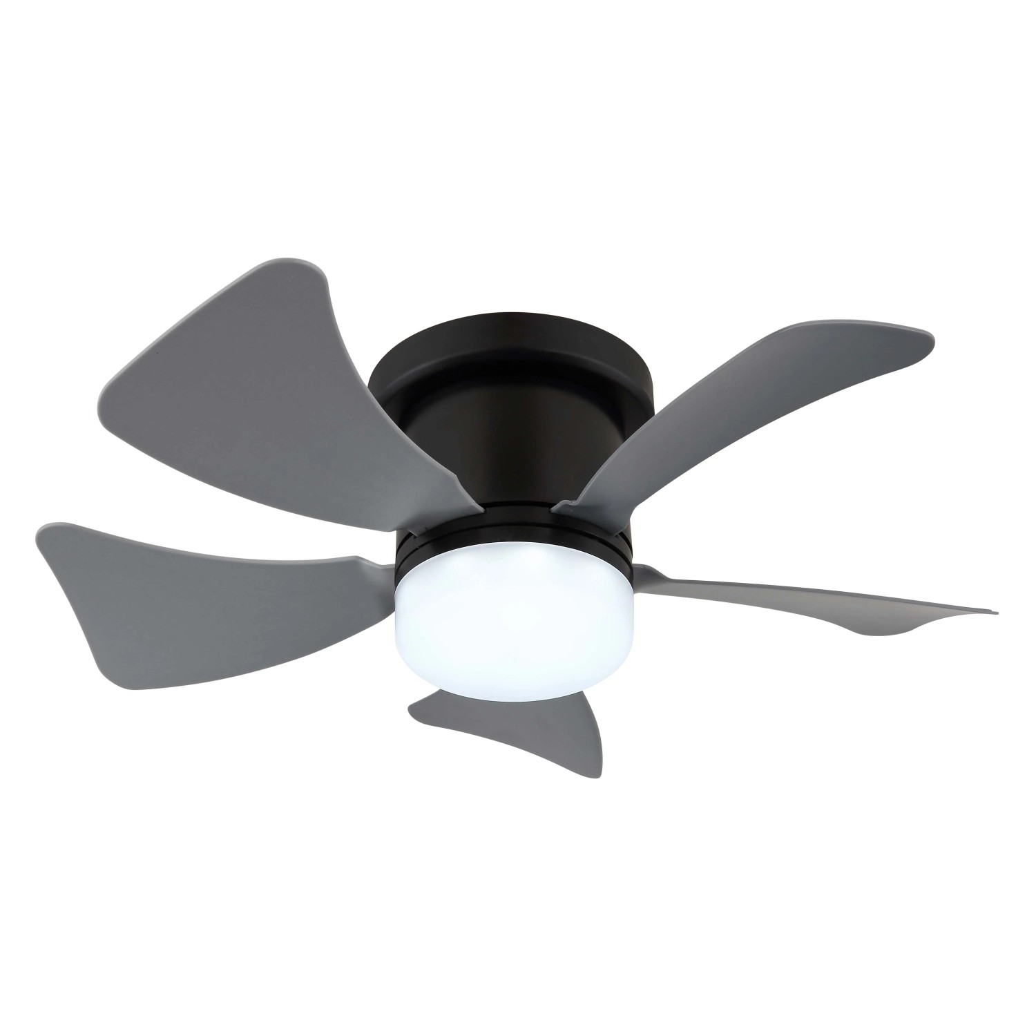 Ventilatore da soffitto con cinque pale grigie e luce LED integrata.