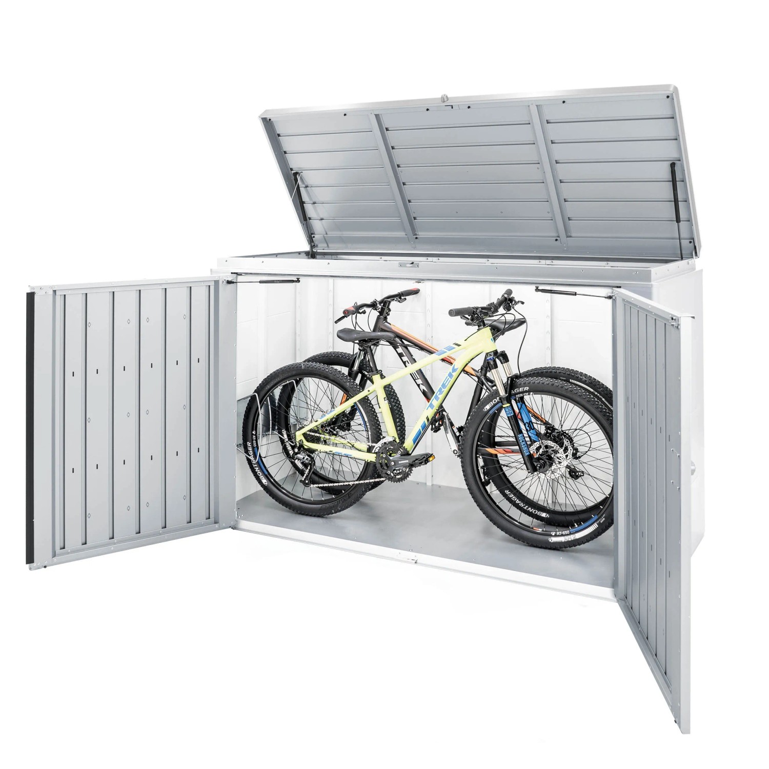 Box da giardino Biohort HighBoard 160 aperta color argento metallizzato con due biciclette all'interno.