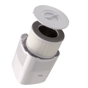 t.b.t. Purificatore d'aria con filtro e coperchio aperto.