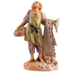 Statuina del pescatore per presepe. Scena dettagliata del presepe con rete e pesci.
