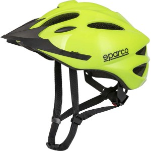 Casco da bici giallo Sparco con visiera e fori di ventilazione.