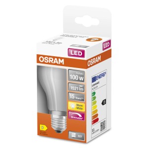 Lampadina LED Osram E27, bianco caldo, dimmerabile, in confezione.