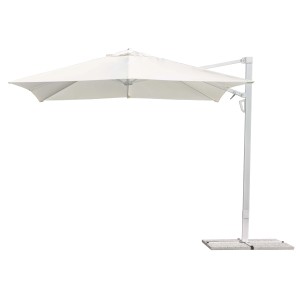 Ombrellone a braccio t.b.t. bianco con telo rettangolare e base stabile.