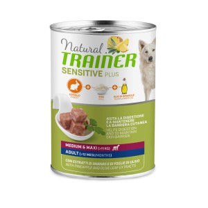 Natural Trainer Sensitive Plus cibo umido per cani con coniglio, riso e olio di girasole per cani medium e maxi.