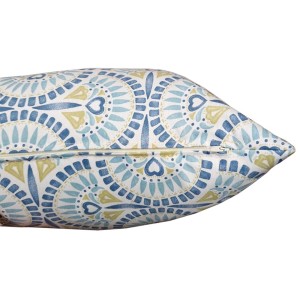 Cuscino decorativo con motivo blu e giallo per giardino e terrazza.