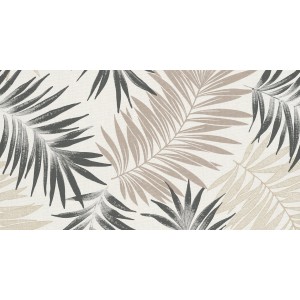 Carta da parati decorativa con foglie di palma tropicali nei toni del beige e del grigio.