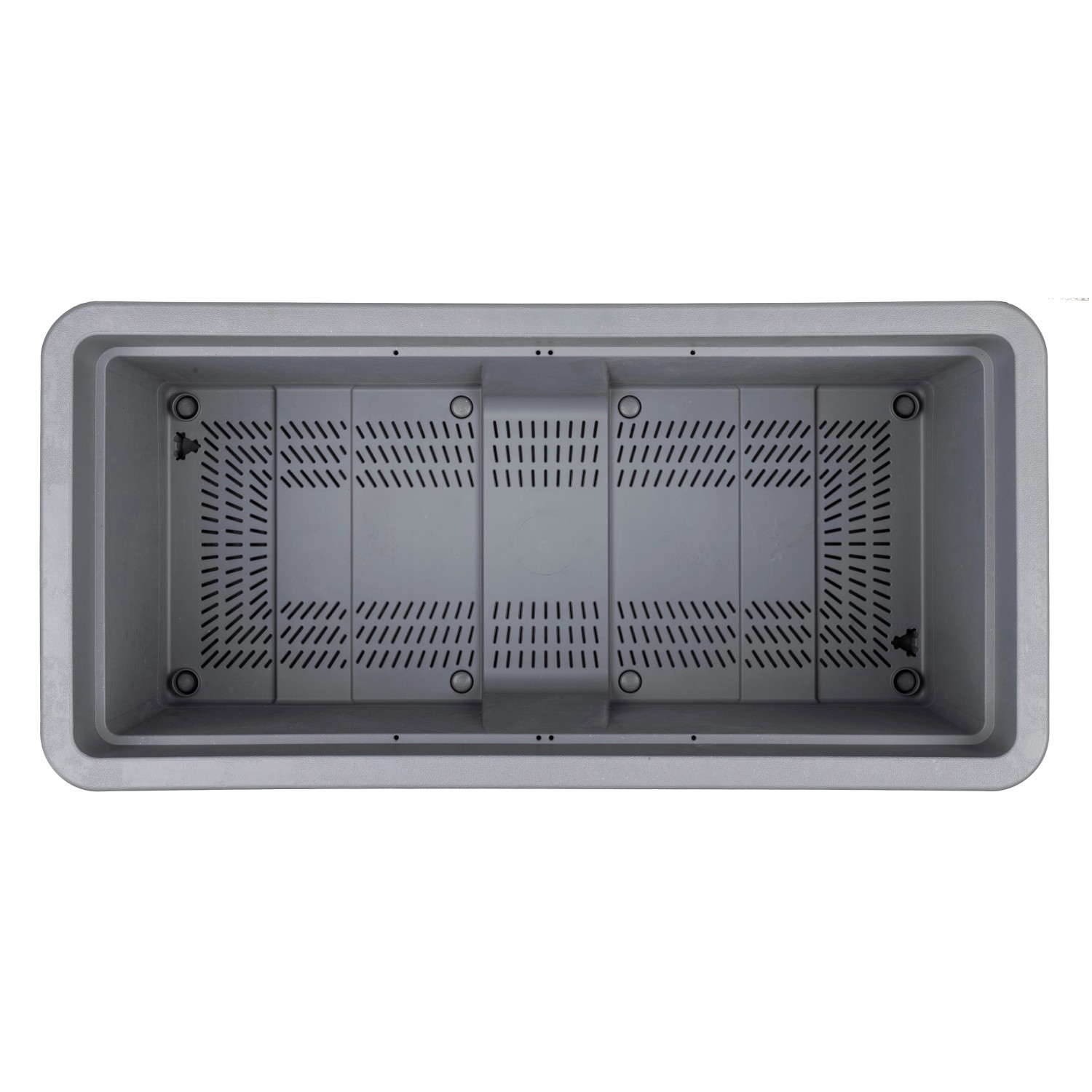 Vista interna del vaso per piante Deroma Cosmo grigio cenere 78x38x38,5 cm con riserva d'acqua e rinforzo.