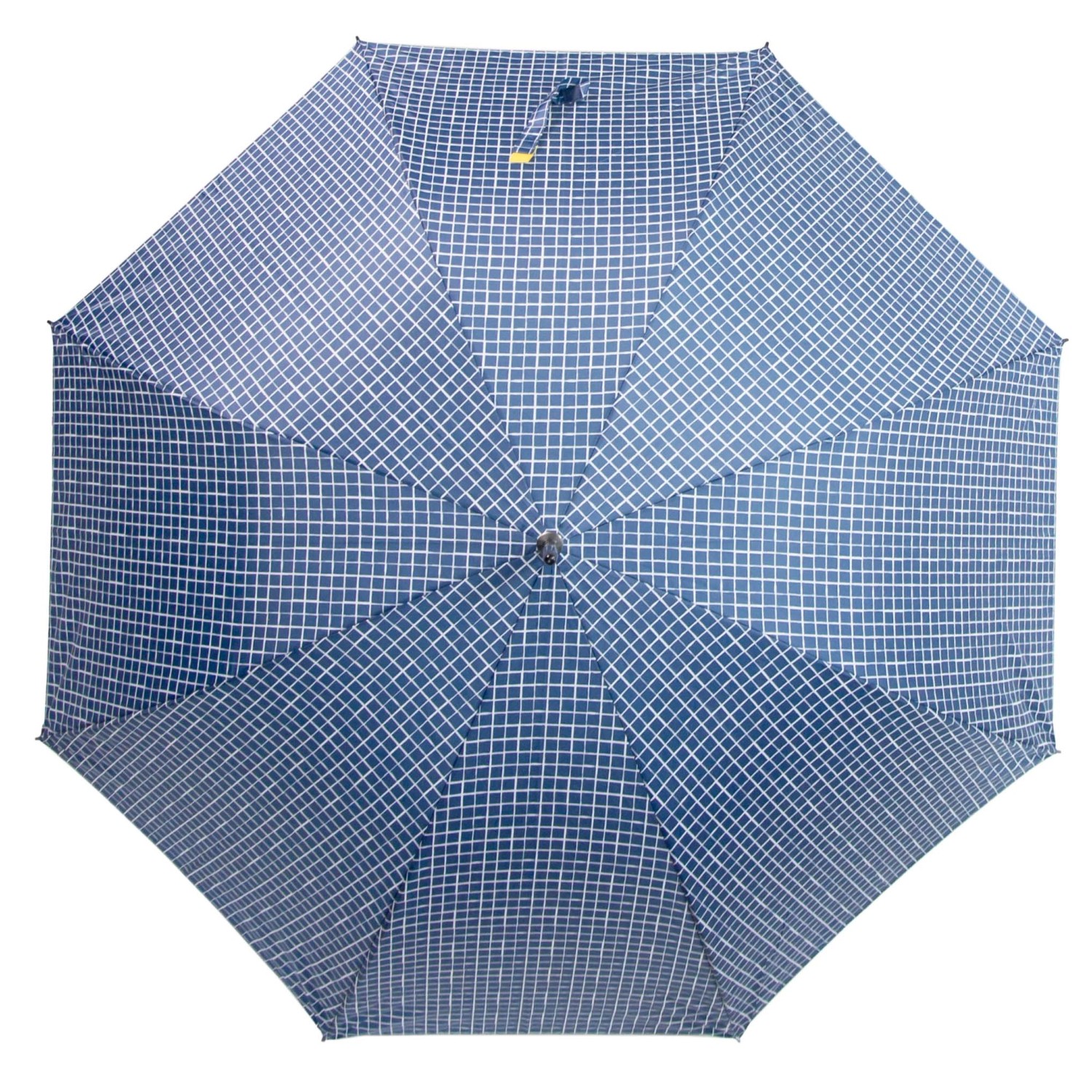 Ombrello aperto con motivo a scacchi blu per il giardinaggio.