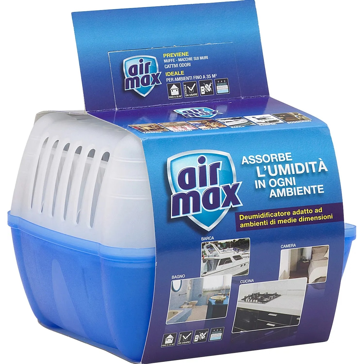 Deumidificatore Air Max in contenitore blu. Ideale per assorbire l'umidità negli ambienti.
