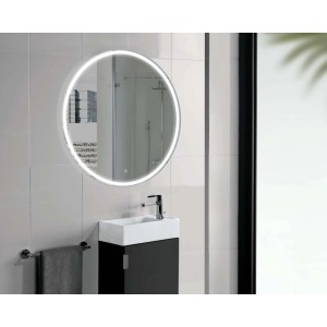 Specchio LED rotondo di t.b.t. in bagno.