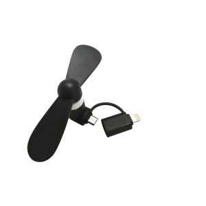 Mini ventilatore nero con connettore USB e Lightning.