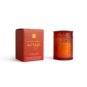 Candela profumata t.b.t. in vetro decorato e confezione abbinata.