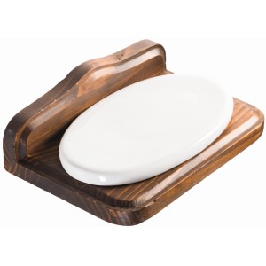 Dispenser sapone t.b.t. con supporto in legno e portasapone bianco.