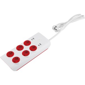 Ciabatta bianca a 6 prese con porte USB e interruttore.