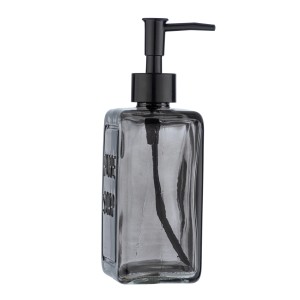 Dispenser sapone in vetro grigio con pompa nera.