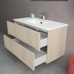 t.b.t. Mobile bagno con due cassetti aperti effetto legno.