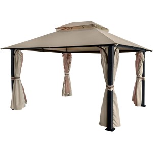 Gazebo beige con tende. Ideale per giardino e terrazza.