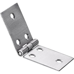 Cerniera in metallo per mobili, aperta, con fori di montaggio.