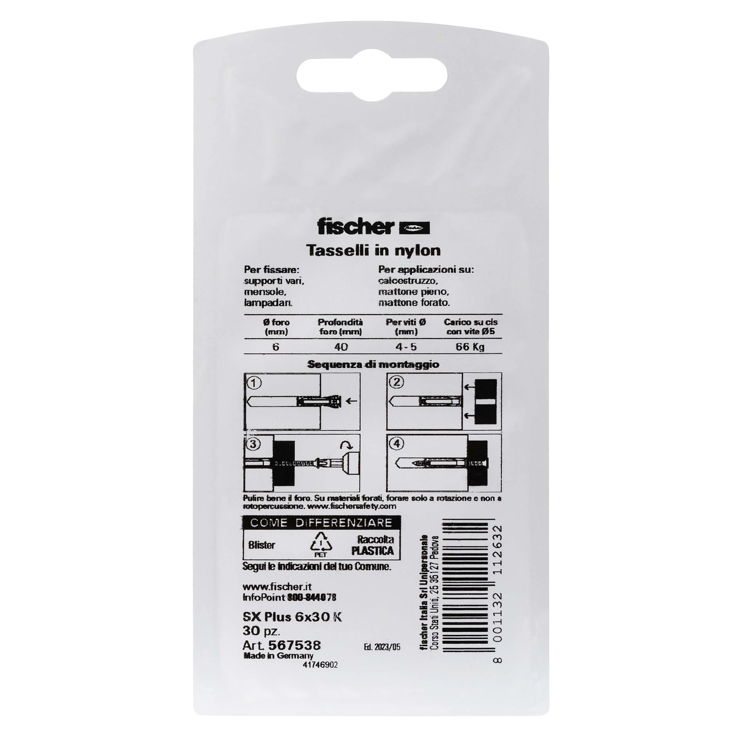 Fischer Tasselli SX Plus 6x30 K, 30 pezzi, tasselli in nylon per diverse applicazioni.