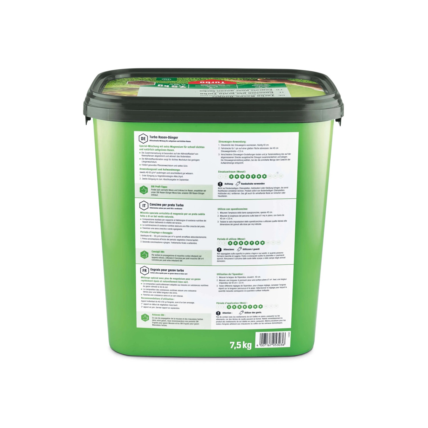 Secchio verde di concime per prati a lunga durata t.b.t., 7,5 kg.